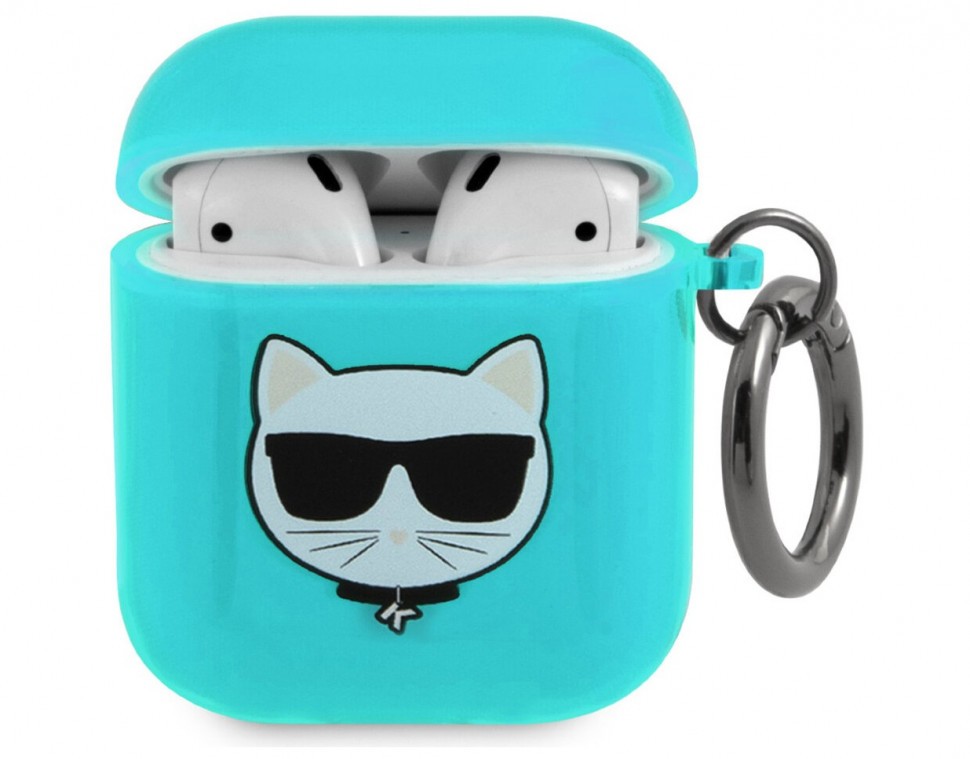 фото Чехол cg mobile karl lagerfeld tpu fluo with ring choupette для airpods 1/2, голубой