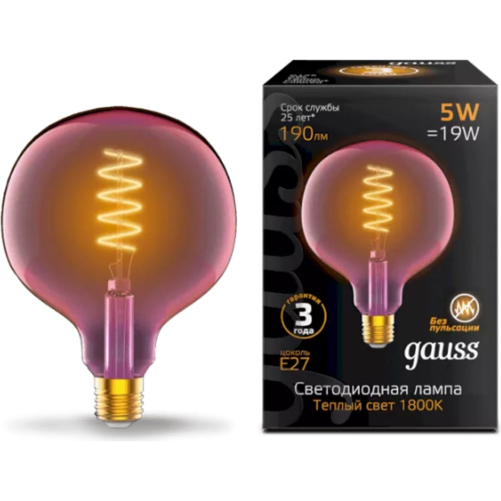 фото Лампа gauss led, filament, flexible, g125-c, pink, e27, 5w, 190lm, 1800k, 125х178mm, 1/10