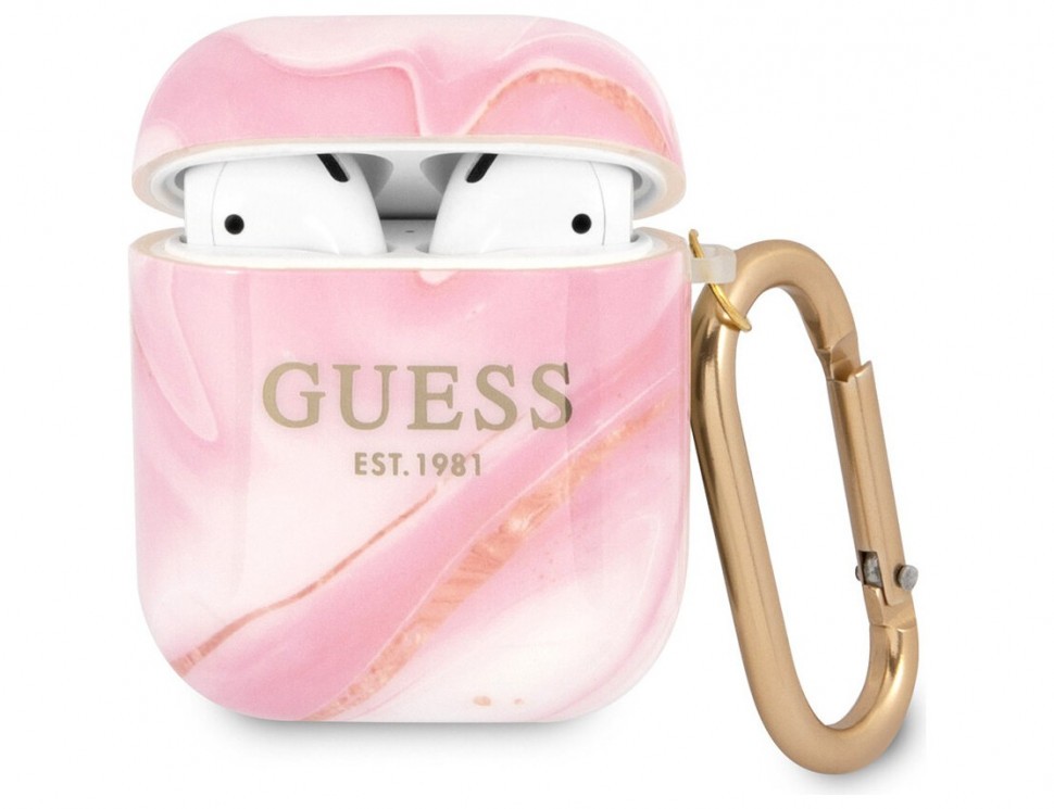 Чехол с карабином Guess TPU New Marble design для AirPods 1/2, Розовый