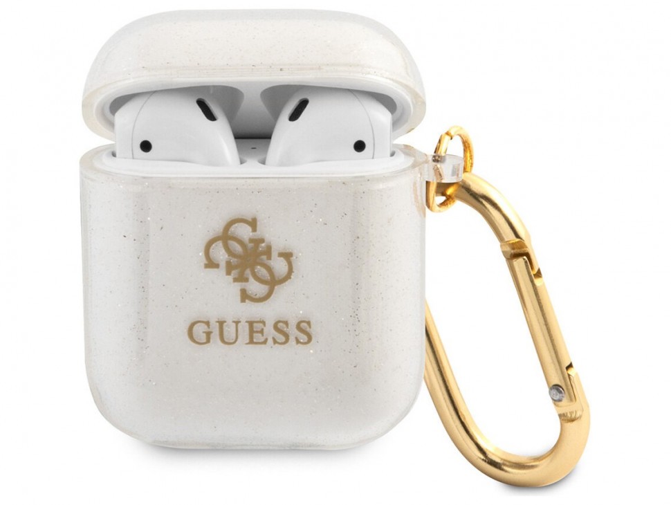 фото Чехол с карабином cg mobile guess tpu transparent glitter 4g для airpods 1/2, прозрачный