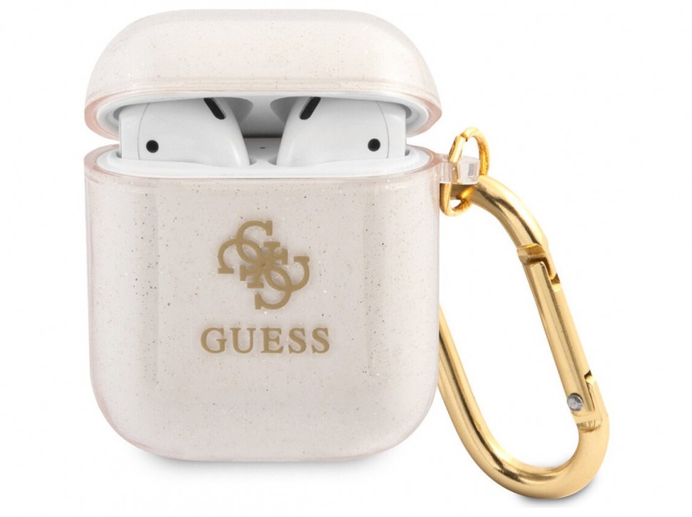 фото Чехол с карабином cg mobile guess tpu transparent glitter 4g для airpods 1/2, золотой