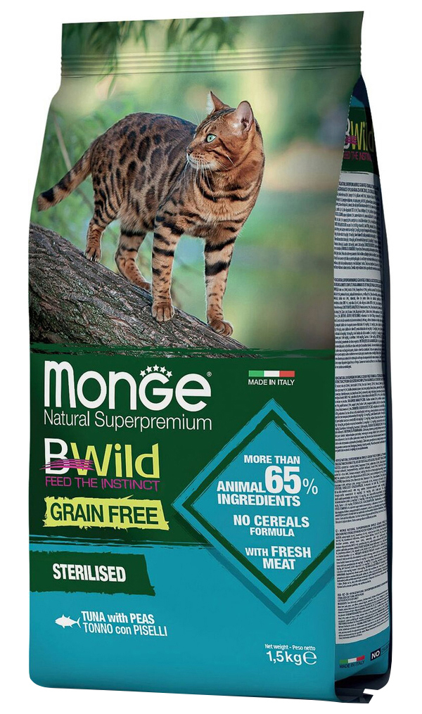 

MONGE MONGE BWILD GRAIN FREE CAT STERILISED TUNA беззерновой для взрослых кастрированных к