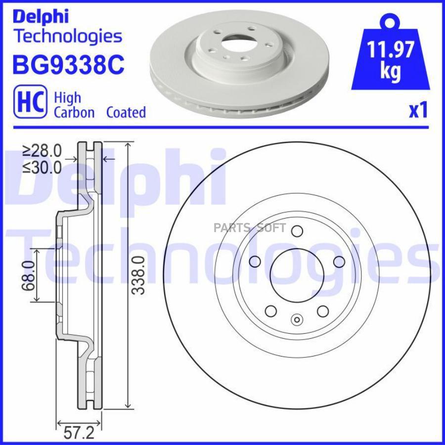 

DELPHI Диск тормозной audi a4/a5 16-/a6/a7 18- передний вент.d 338мм., BG9338C