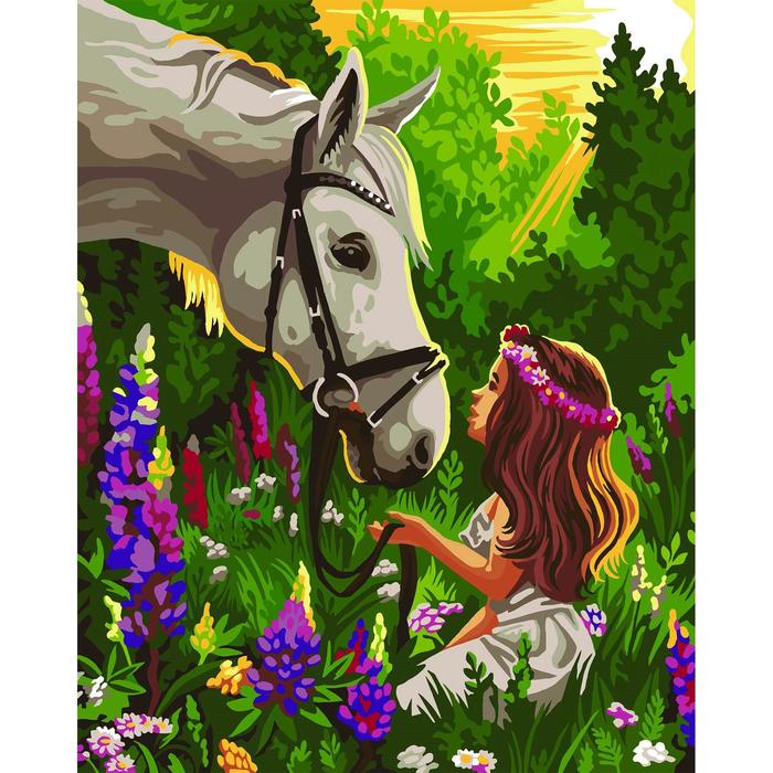 фото Картина по номерам на холсте с подрамником «лошадка и девочка в поле» 40х50 см школа талантов