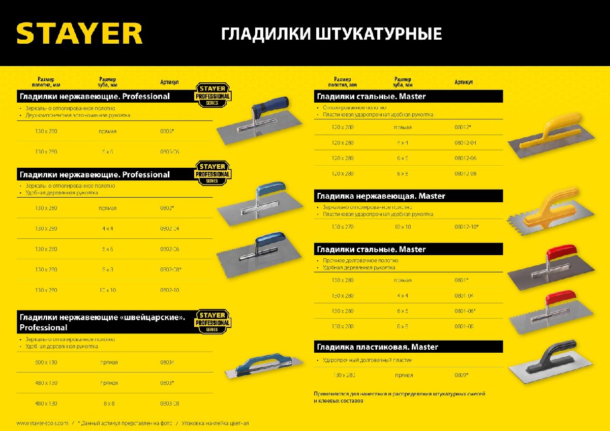 STAYER Master 130х270 мм, 6х6 мм, гладилка штукатурная зубчатая нержавеющая с пластиковой