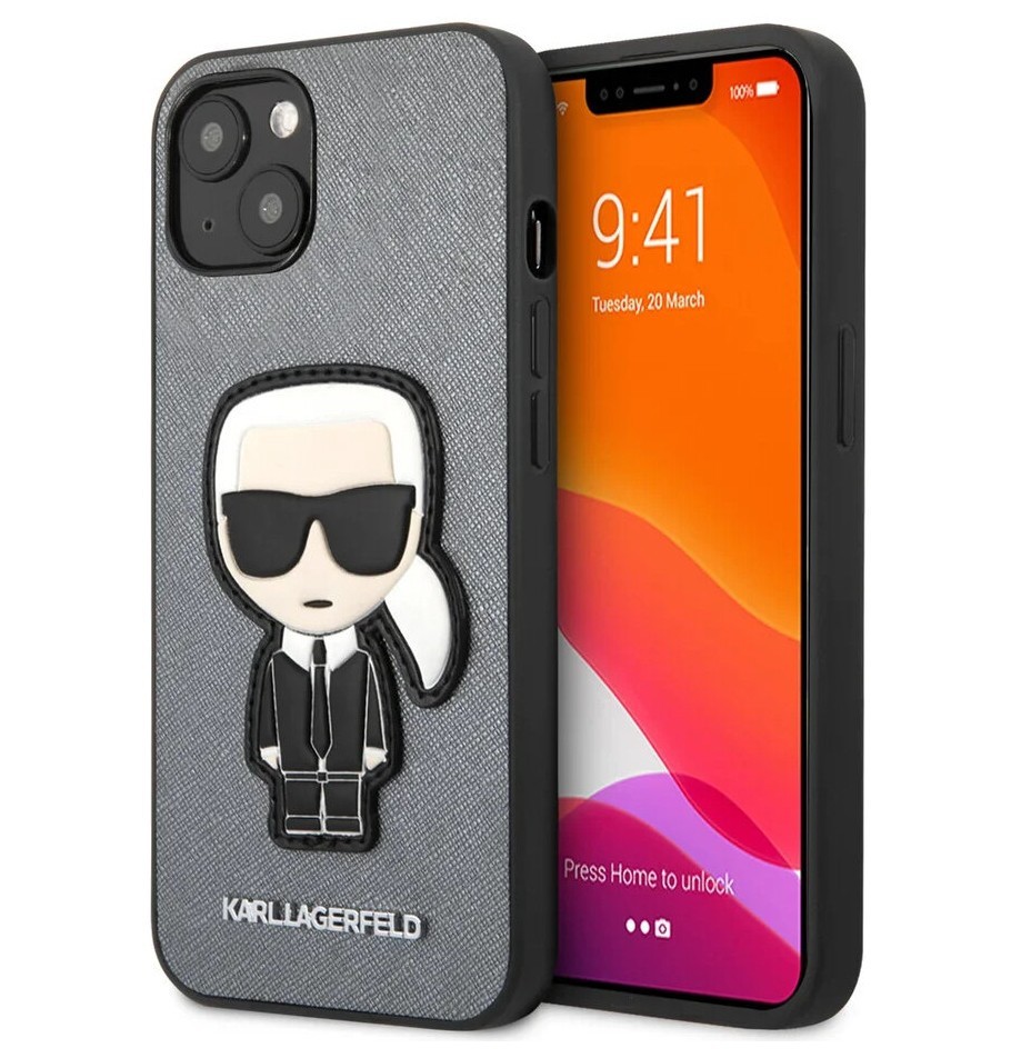 фото Чехол cg mobile karl lagerfeld pu saffiano ikonik patch hard для iphone 13, серебристый