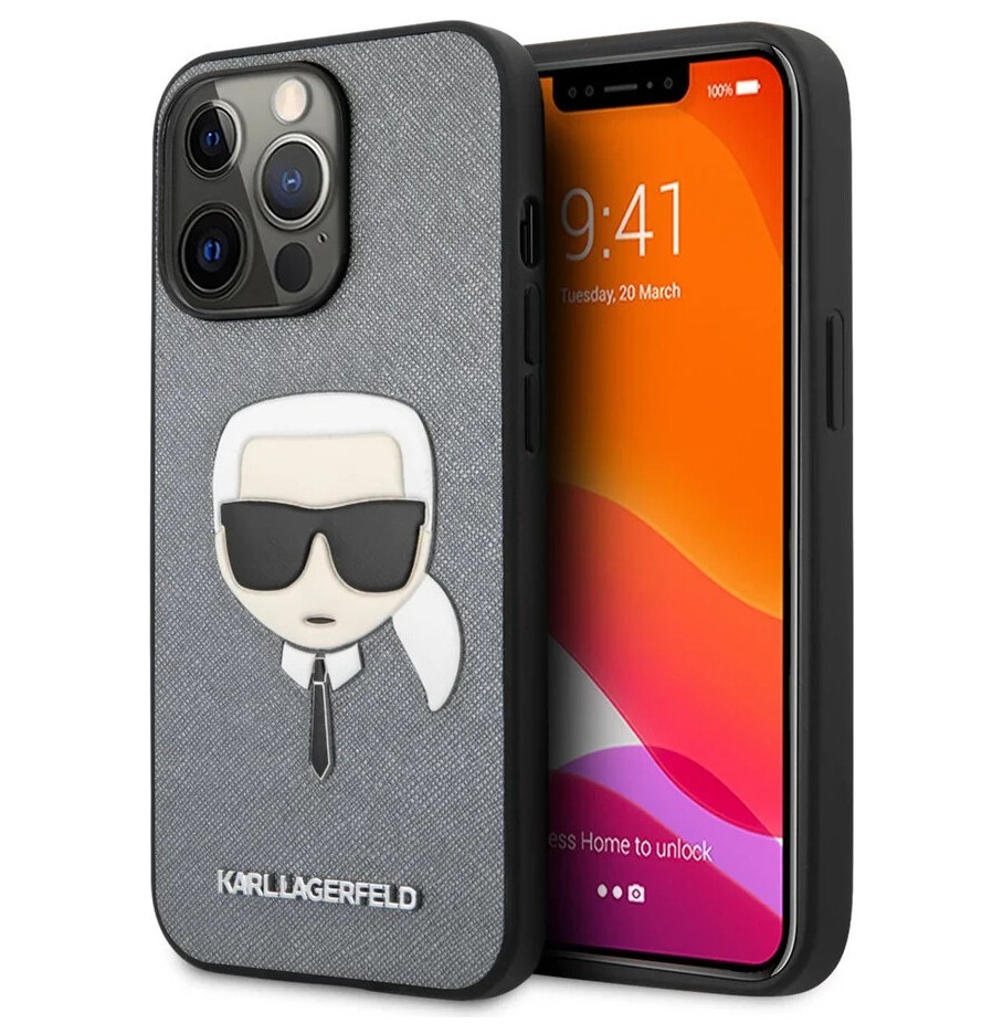 фото Чехол cg mobile karl lagerfeld pu saffiano karls head hard для iphone 13 pro, серебристый