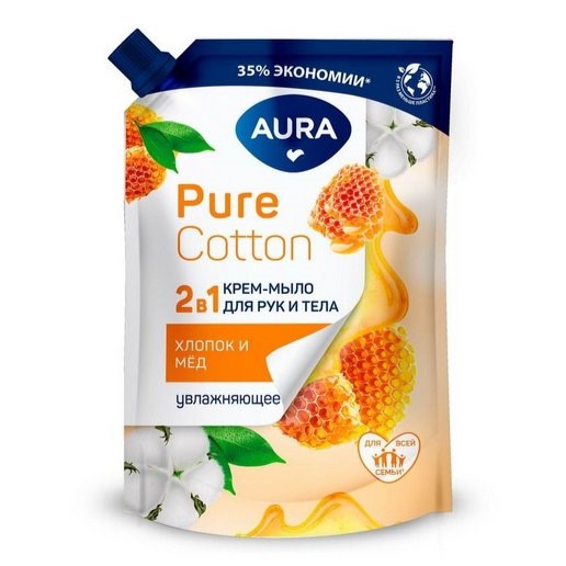 фото Крем-мыло aura pure cotton 2 в 1, для рук и тела, увлажняющее, хлопок и мёд, 300 мл