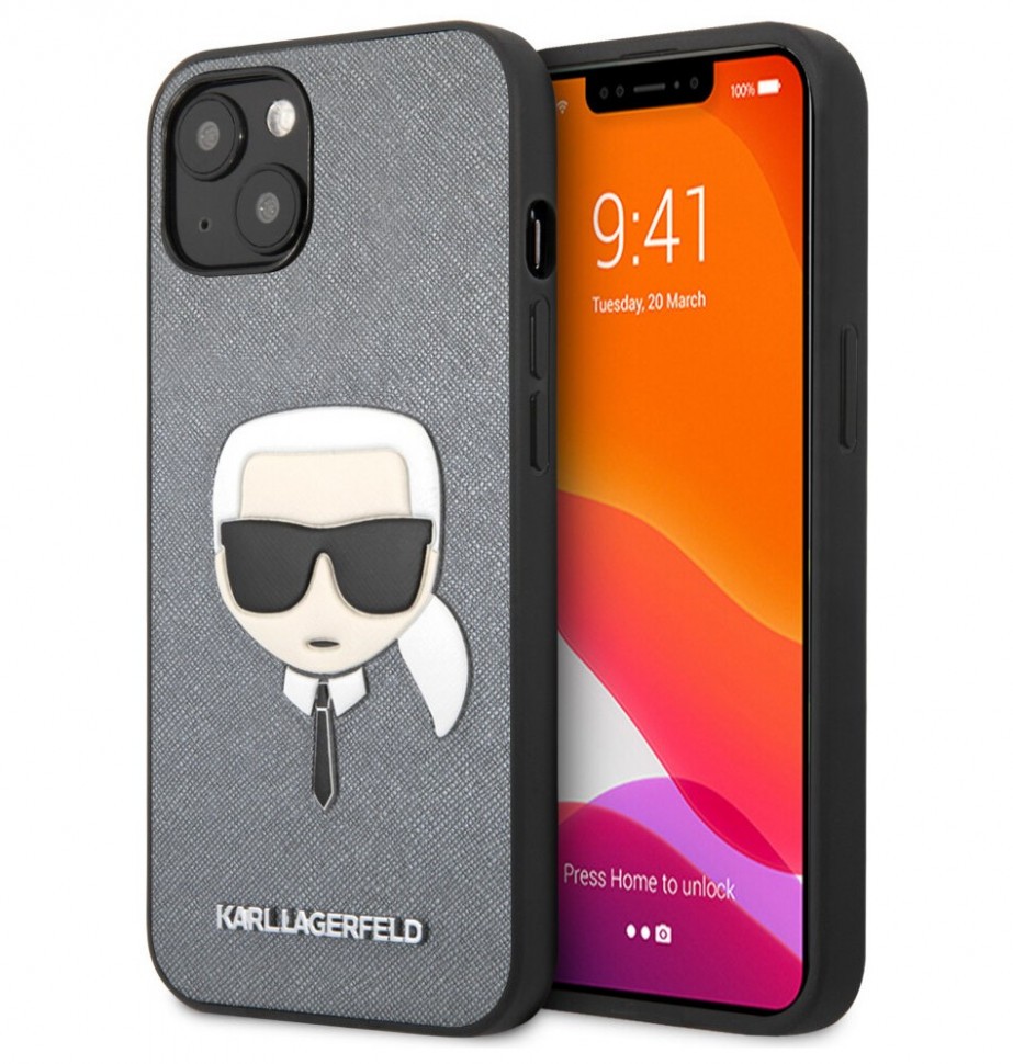 фото Чехол cg mobile karl lagerfeld pu saffiano karls head hard для iphone 13, серебристый