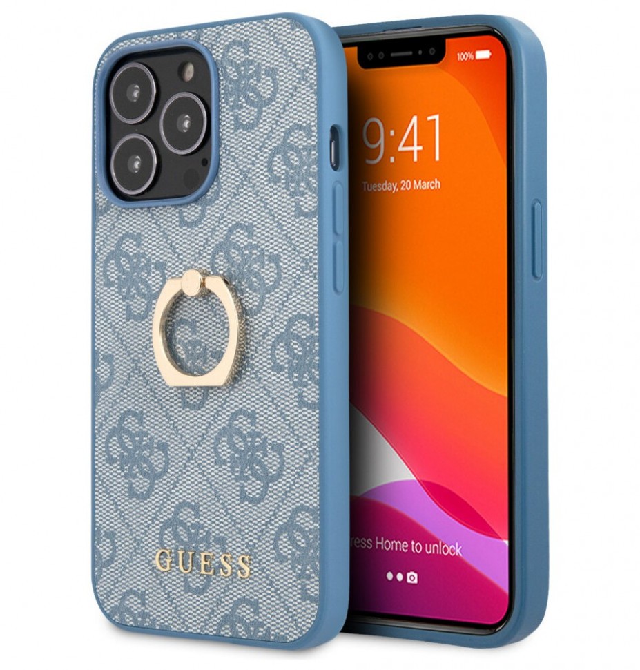 фото Чехол cg mobile guess pu 4g + ring hard для iphone 13 pro max, синий