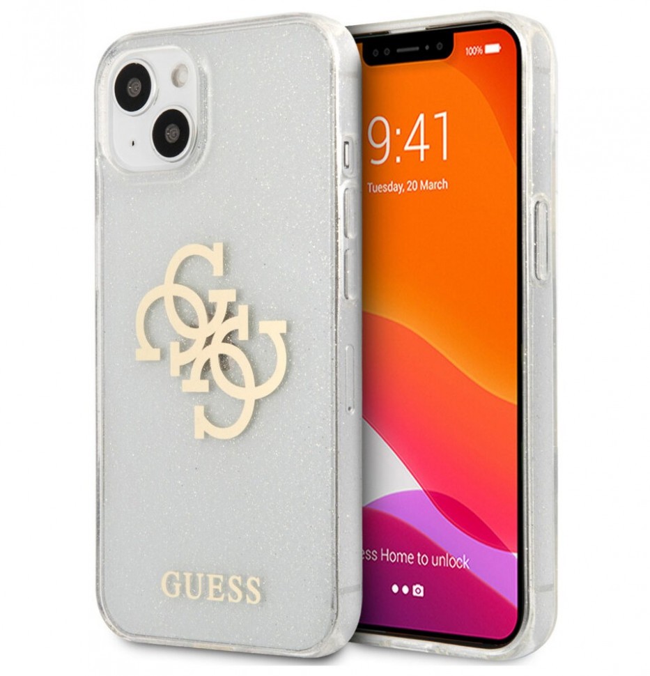 фото Чехол cg mobile guess tpu 4g big logo hard glitter для iphone 13 mini, прозрачный