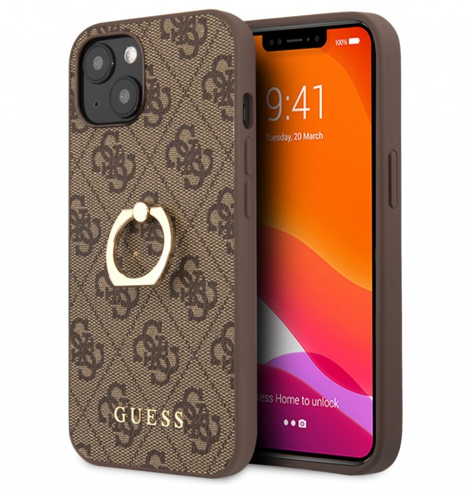 фото Чехол cg mobile guess pu 4g + ring hard для iphone 13 mini, коричневый