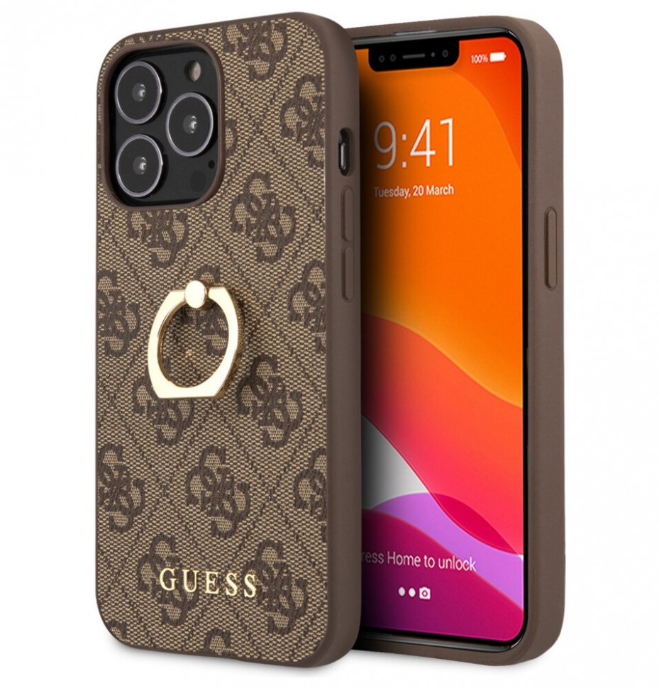 Чехол Guess PU 4G + Ring Hard для iPhone 13 Pro, Коричневый