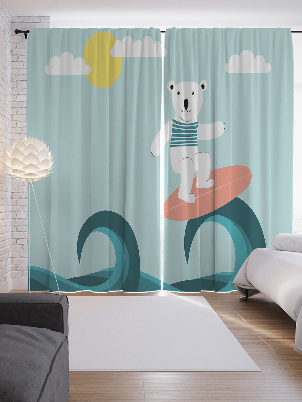 

Шторы JoyArty с фотопечатью "Медведь серфингист" из сатена, 290х265 см, Медведь серфингист