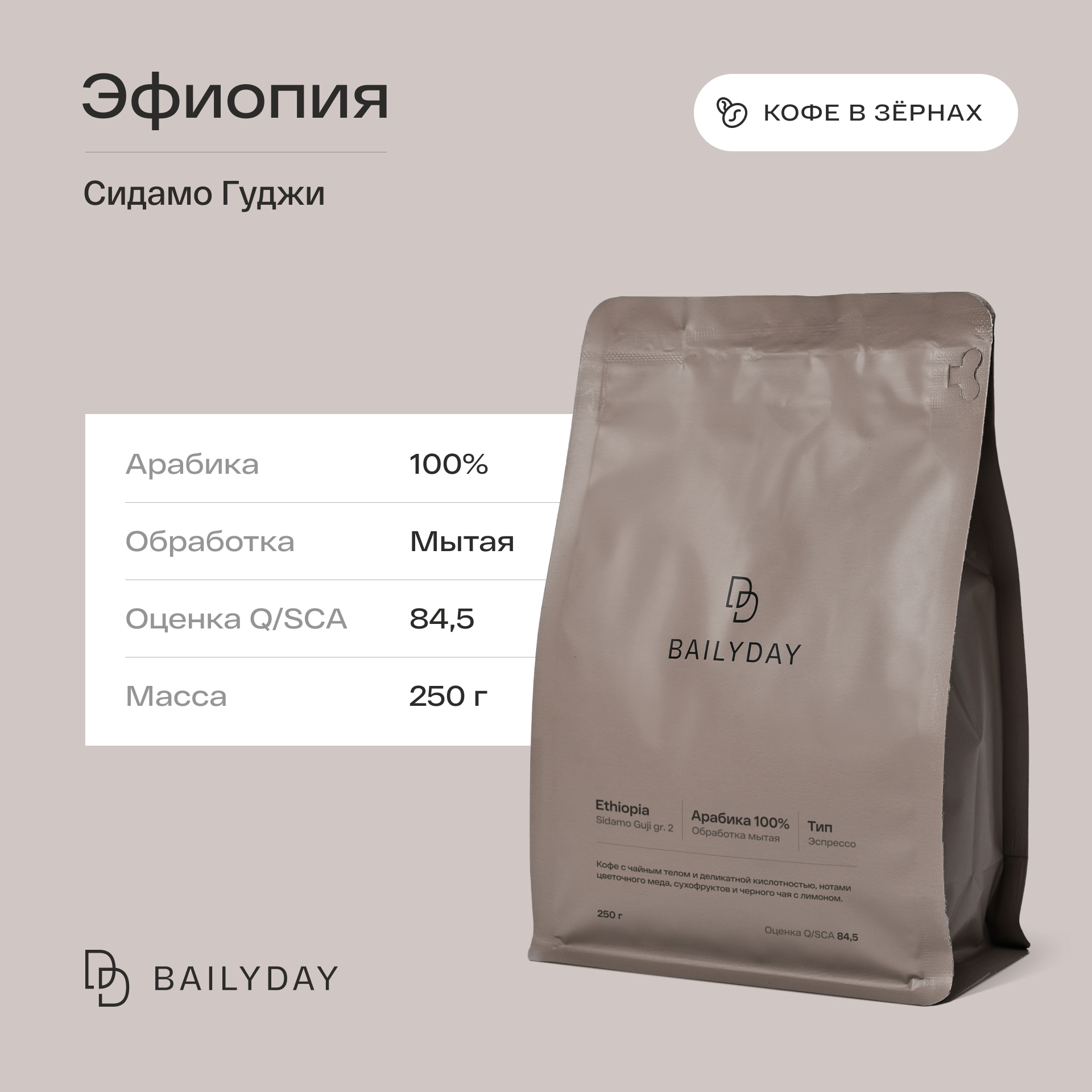 Кофе в зернах Bailyday Эфиопия Сидамо Гуджи 100 арабика 250 г 885₽