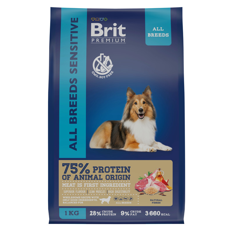 фото Корм сухой brit premium all breeds для собак, для пищеварения, ягнёнок и индейка, 1 кг