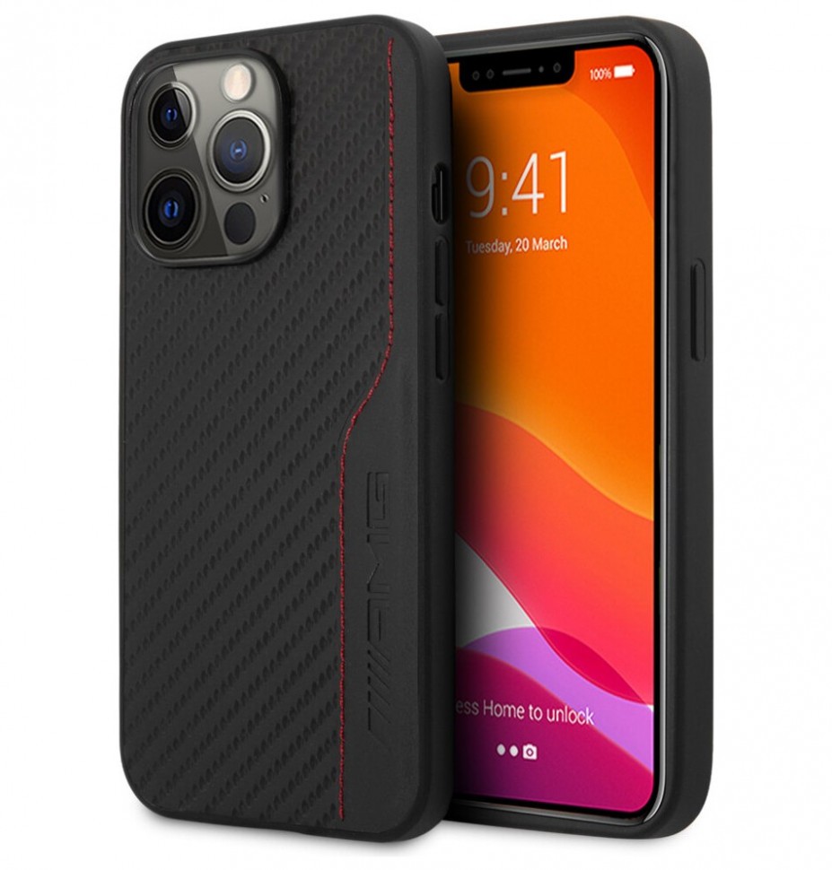 фото Чехол cg mobile amg pu carbon effect red stiching hard для iphone 13 pro max, черный