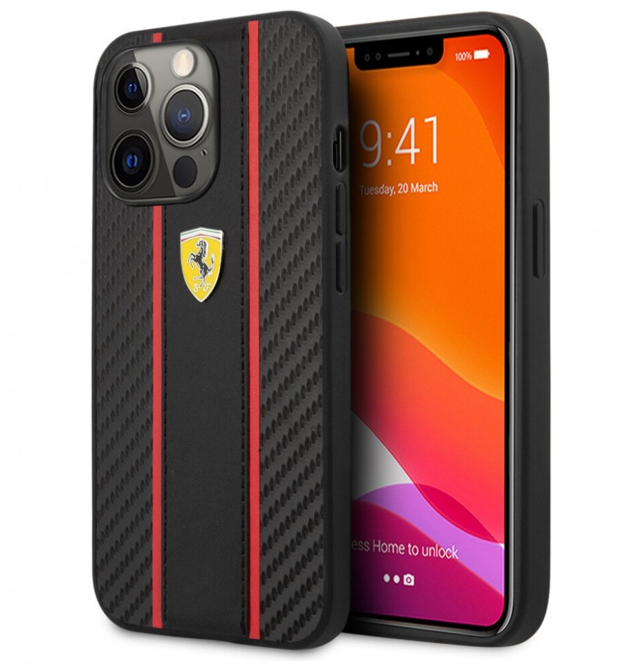 фото Чехол cg mobile ferrari pu carbon/smooth with metal logo hard iphone 13 pro max, черный