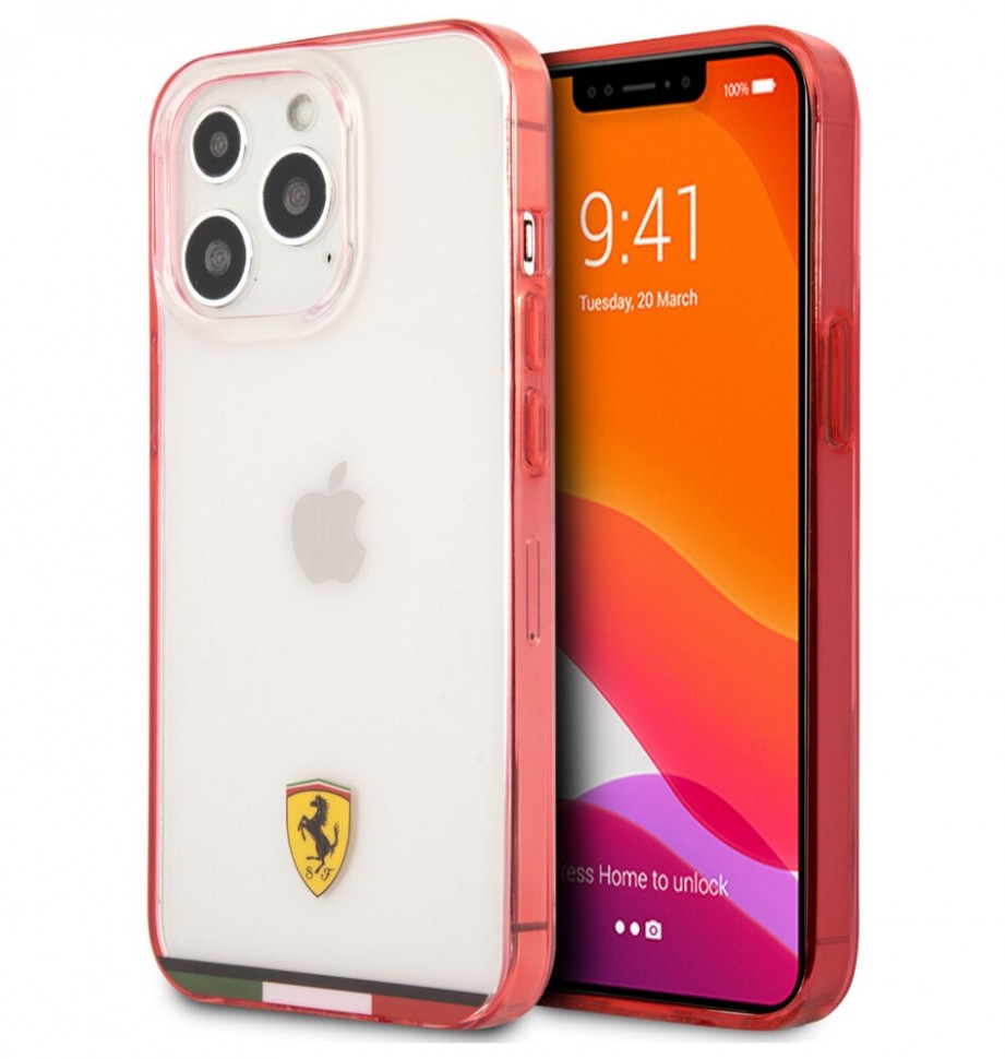 фото Чехол cg mobile ferrari pc/tpu italia stripe hard iphone 13 pro max, прозрачный/красный