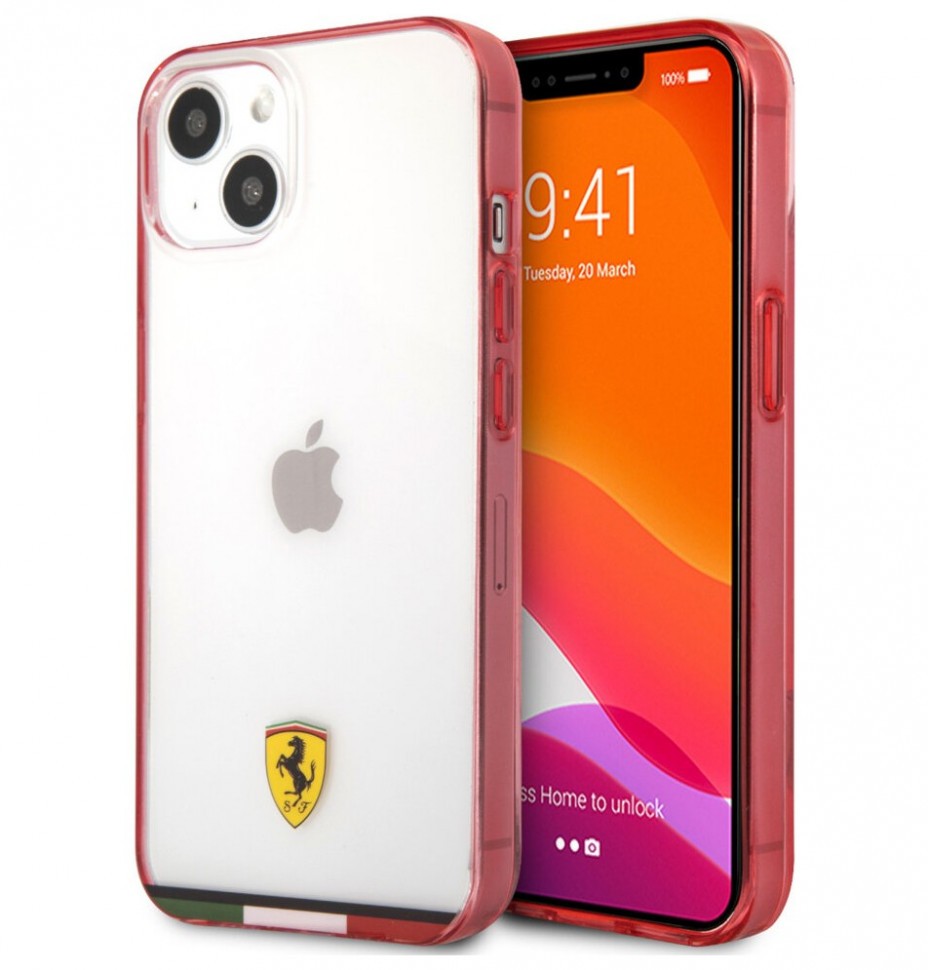 фото Чехол cg mobile ferrari pc/tpu italia stripe hard для iphone 13 mini, прозрачный/красный