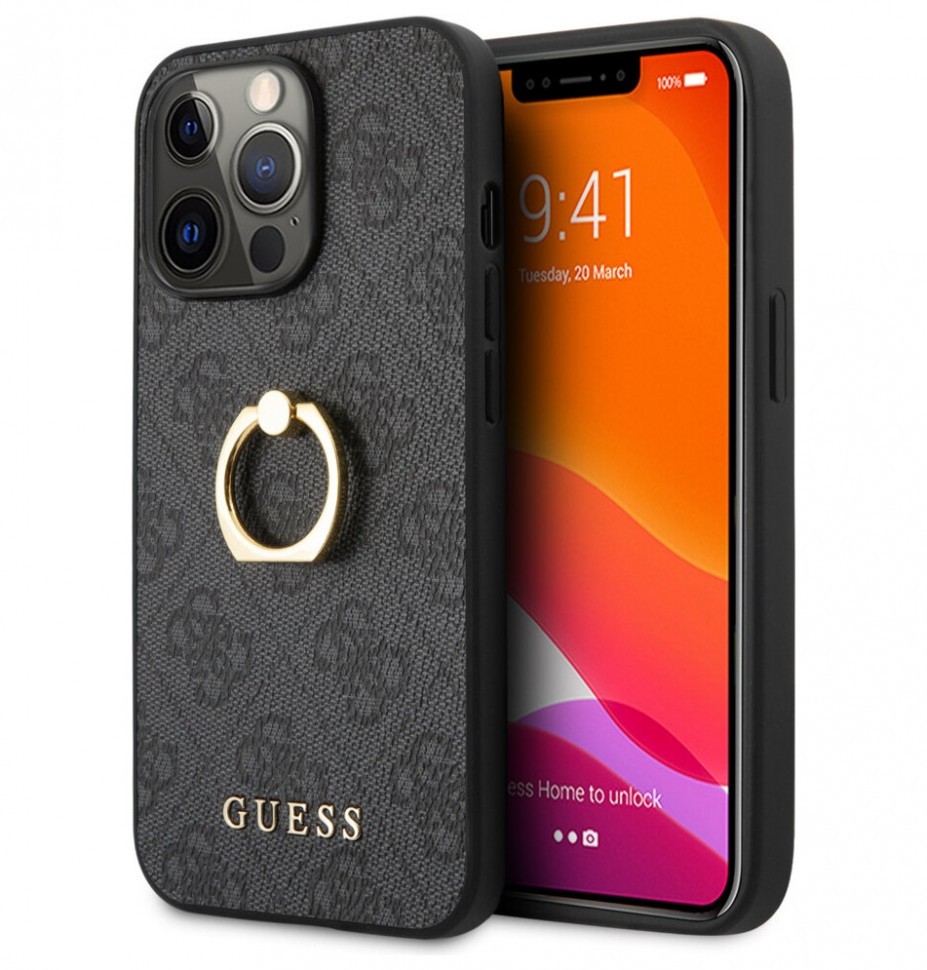 фото Чехол cg mobile guess pu 4g + ring hard для iphone 13 pro, серый