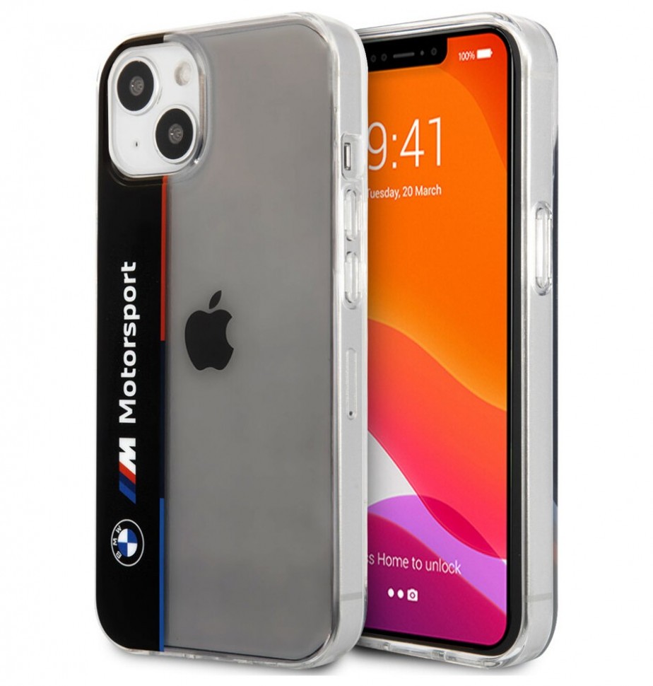 фото Чехол cg mobile bmw motorsport pc/tpu tricolor vertical iphone 13, прозрачный/черный