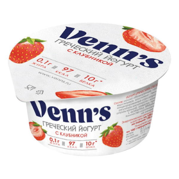 

Йогурт Греческий Venn's | с клубникой, обезжиренный, 0,1%, 130 г