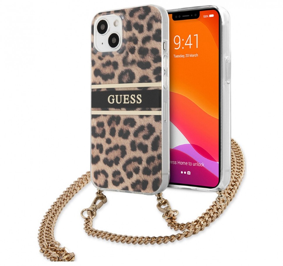 фото Чехол cg mobile guess pc/tpu leopard hard + gold crossbody chain iphone 13 mini, леопард