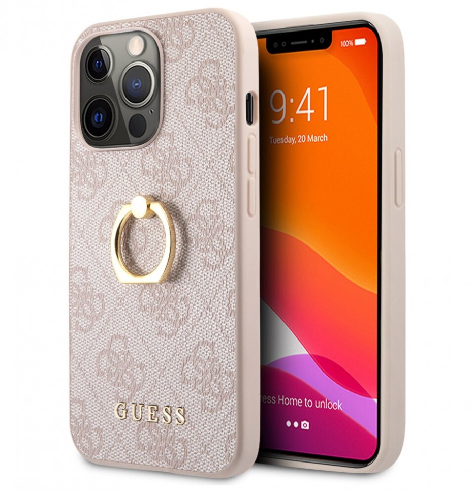 Чехол Guess PU 4G + Ring Hard для iPhone 13 Pro, Розовый