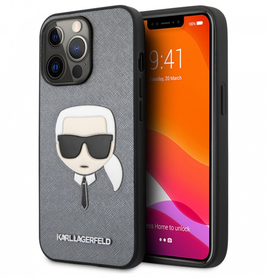 фото Чехол cg mobile karl lagerfeld pu saffiano karls head hard iphone 13 pro max, серебристый