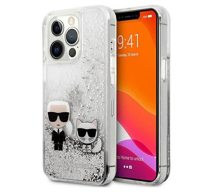 Чехол Lagerfeld Liquid glitter Karl Choupette iPhone 13 Pro Max, Серебристый