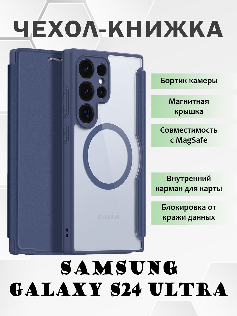 

Чехол книжка Dux Ducis для Samsung Galaxy S24 Ultra, с MagSafe, синий, Samsung Galaxy S24 Ultra