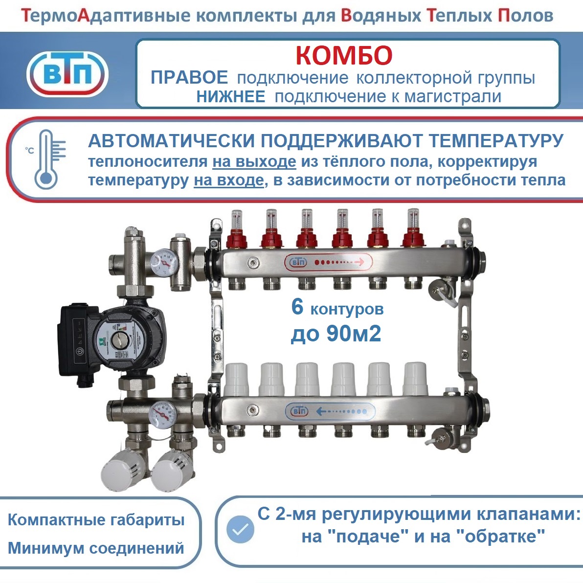 Термоадаптивный комплект теплого пола на 6 конт коллектор справа +част насос ВТП Комбо-П