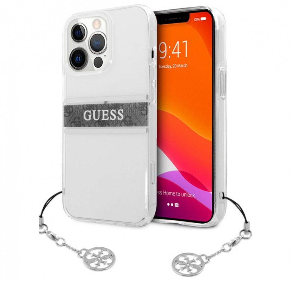 фото Чехол cg mobile guess pc/tpu 4g stripe hard + silver charm iphone 13 pro max, прозрачный