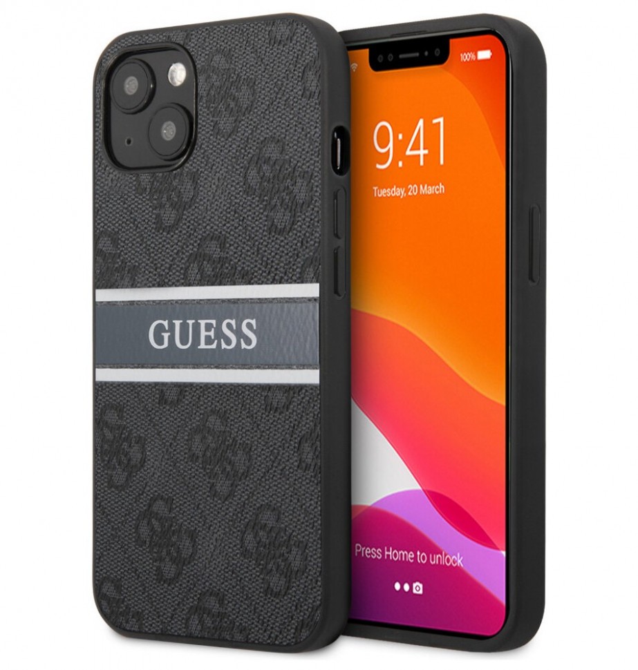 фото Чехол cg mobile guess pu 4g stripe printed logo hard для iphone 13 mini, серый