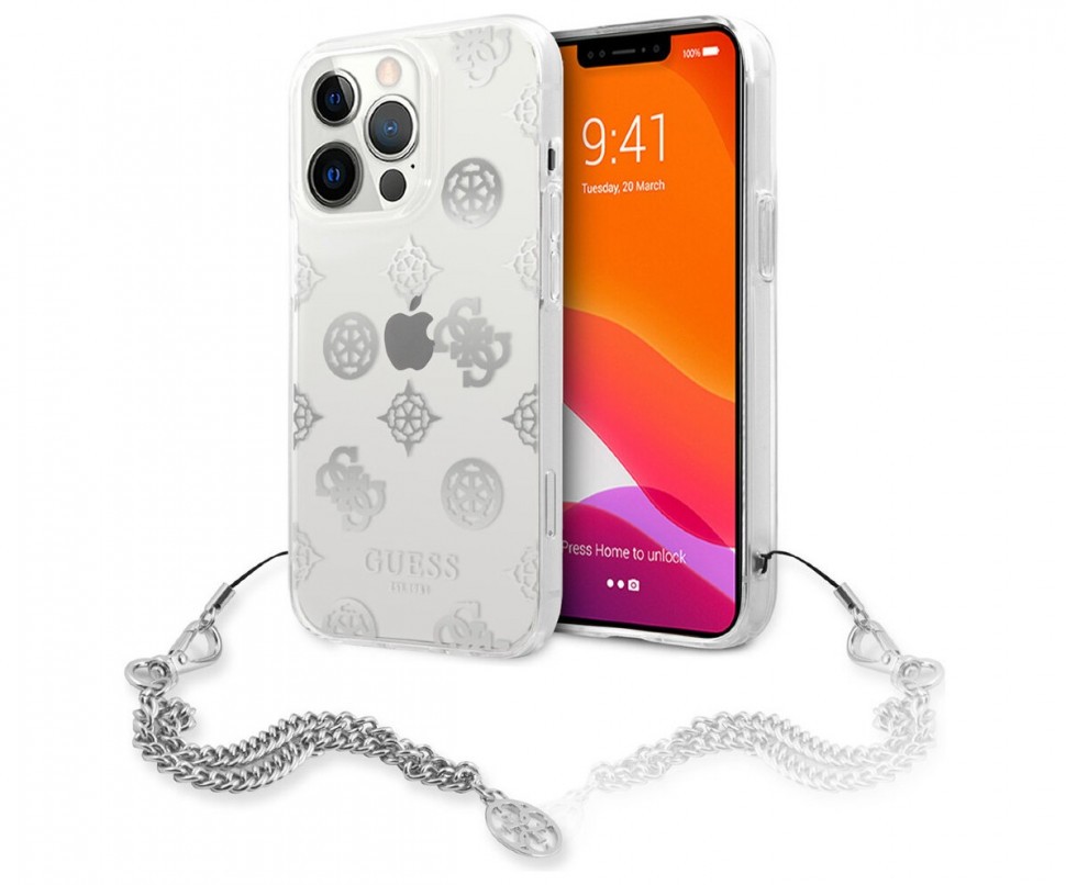 фото Чехол cg mobile guess pc/tpu peony hard + siver hand chain iphone 13 pro max, прозрачный