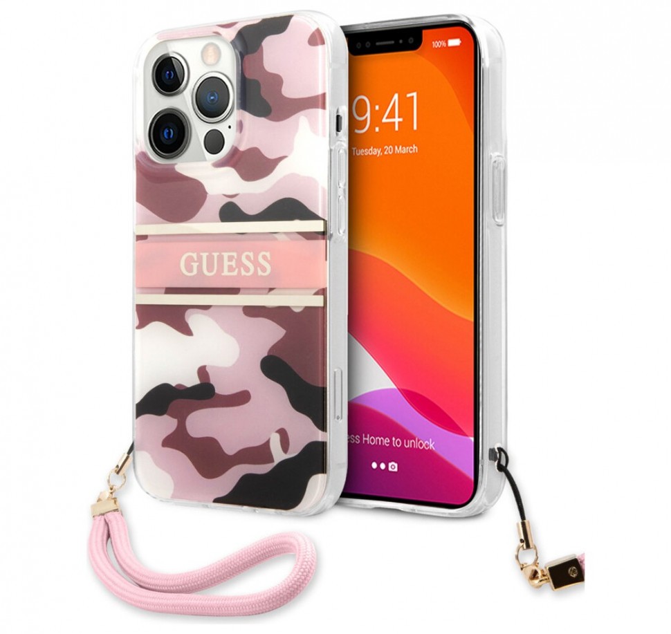 фото Чехол cg mobile guess pc/tpu camo hard + nylon hand cord для iphone 13 pro max, розовый