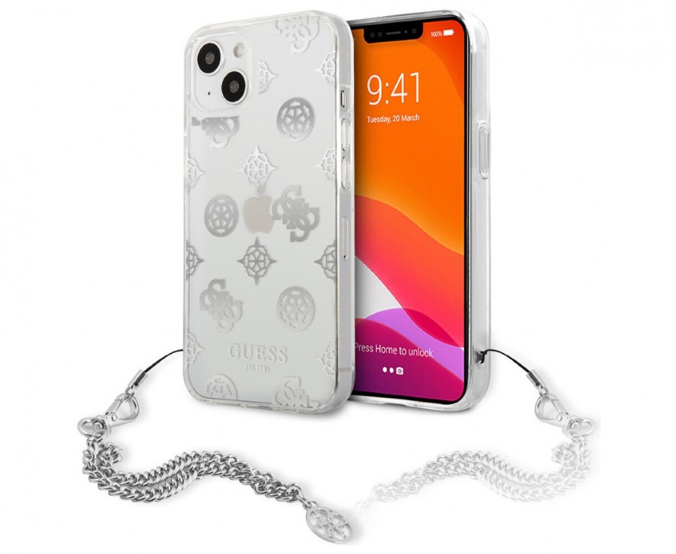 Чехол CG Mobile Guess PC/TPU Peony Hard + Siver hand chain для iPhone 13 Mini, Прозрачный