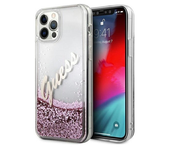 фото Чехол cg mobile guess liquid glitter script logo hard для iphone 12/12 pro, розовый