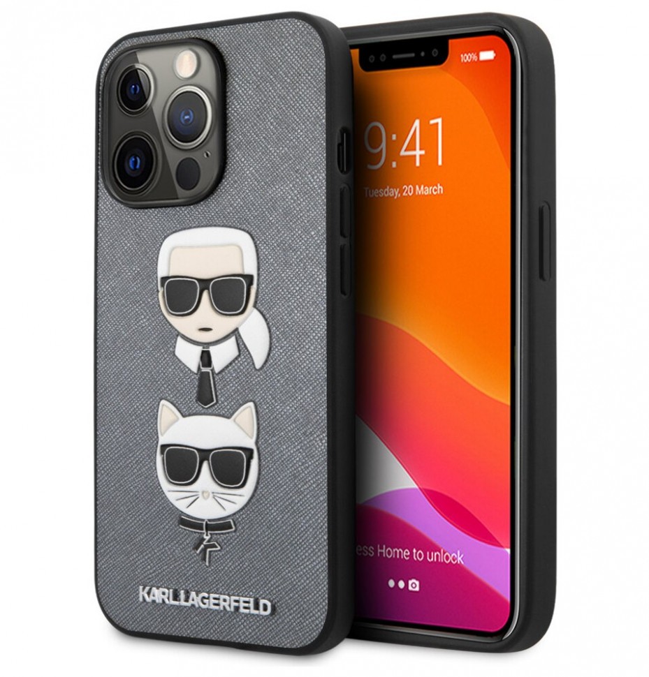 фото Чехол cg mobile lagerfeld saffiano karl choupette heads iphone 13 pro max, серебристый