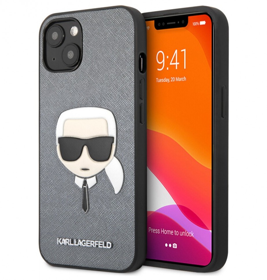Чехол CG Mobile Karl Lagerfeld PU Saffiano Karls Head Hard для iPhone 13 Mini, Серебристый
