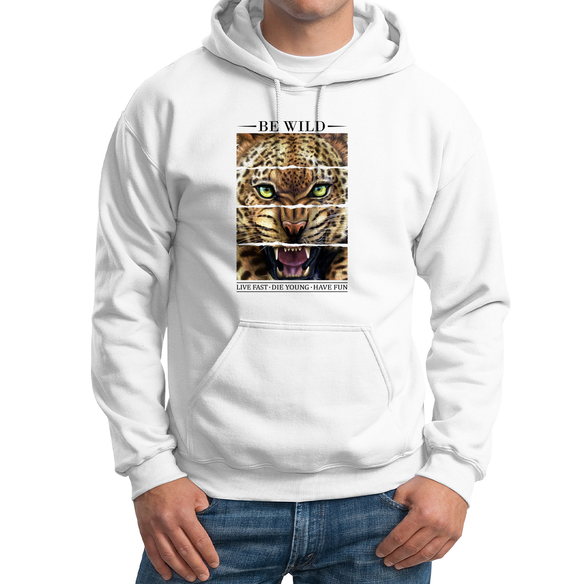 

Худи унисекс CoolPodarok Be wild Live fast Die young Have fun Леопард белое 44 RU, Белый, 44M02575