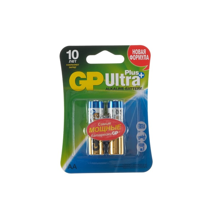 Батарейка алкалиновая GP Ultra Plus, AA, LR6-2BL, 1.5В, блистер, 2 шт.