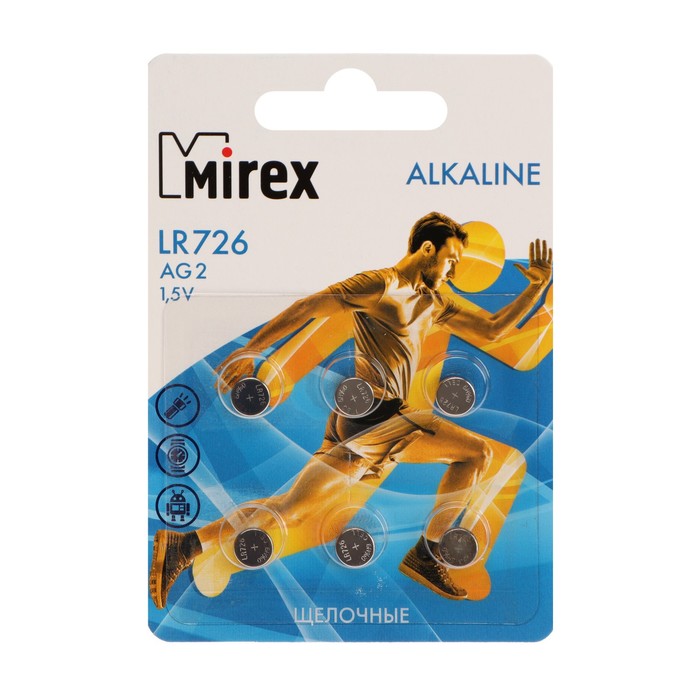 Батарейка алкалиновая Mirex, LR726, AG2, 1.5В, блистер, 6 шт