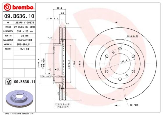 

09.b636.11_диск тормозной передний mitsubishi pajero 3.8/3.2di-d 07>