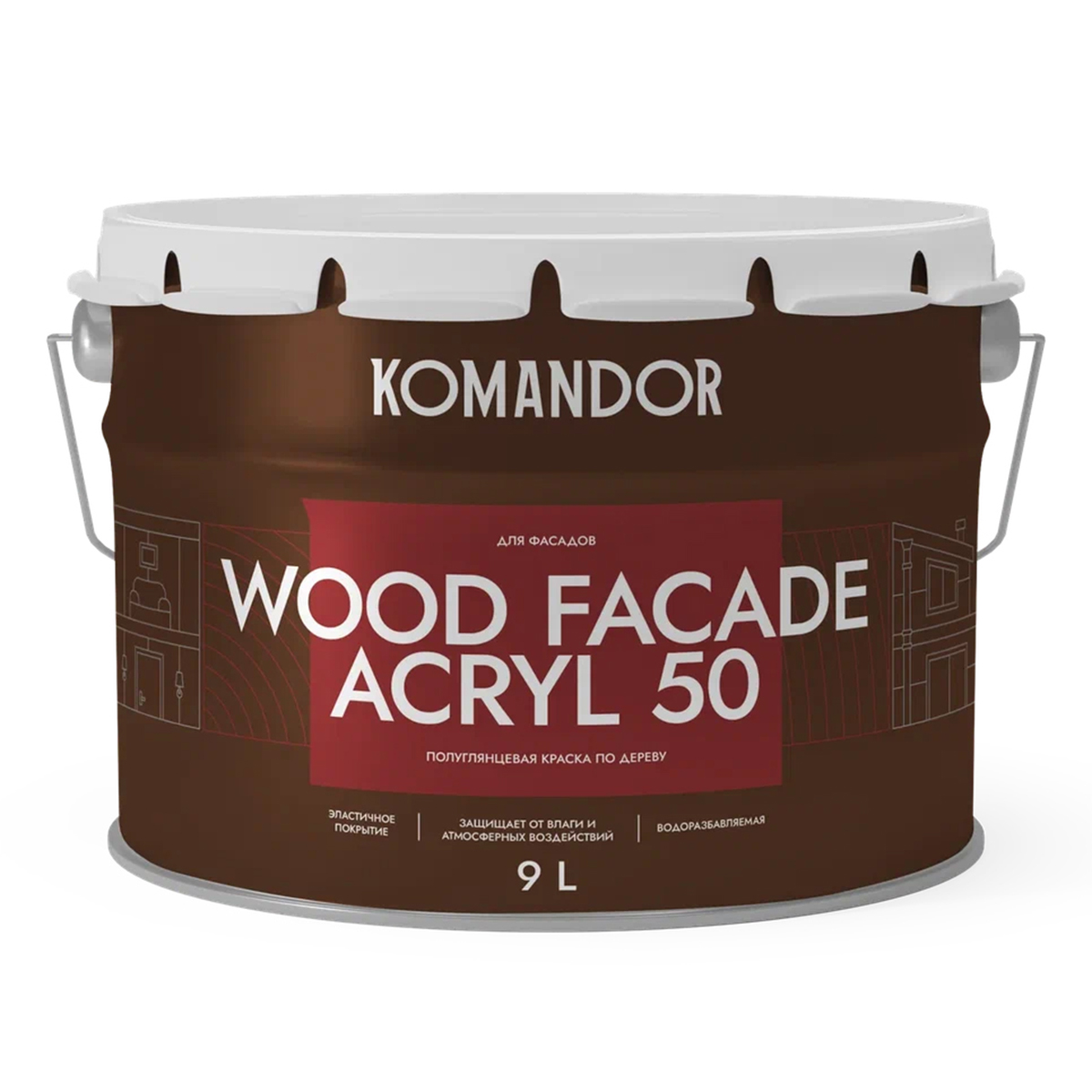 Краска для деревянных фасадов Komandor Wood Facade Acryl 50, полуглянц., база А, белая, 9л