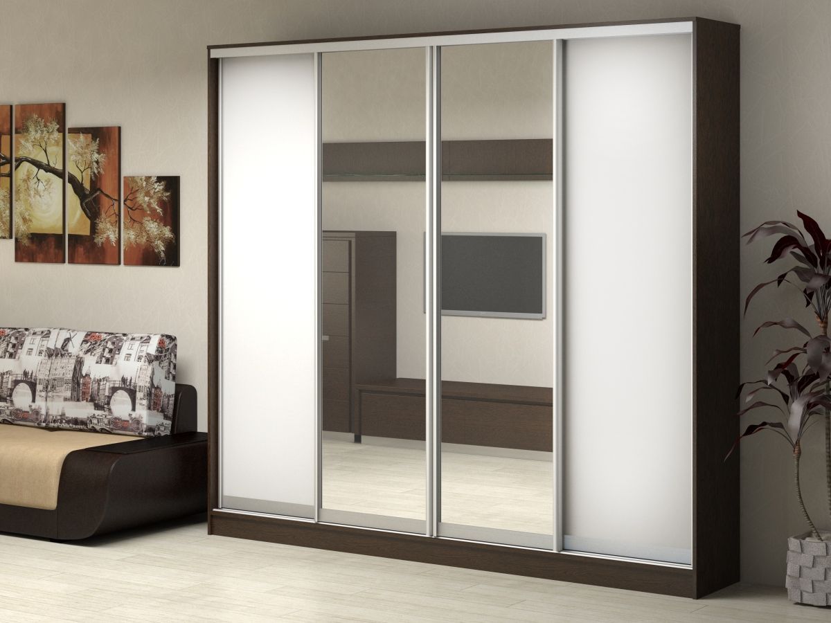 

Шкаф-купе Антонио-4 Венге для одежды с зеркалом четырёхдверный 220x260x40 Мегамебель, Коричневый;белый, Антонио-4