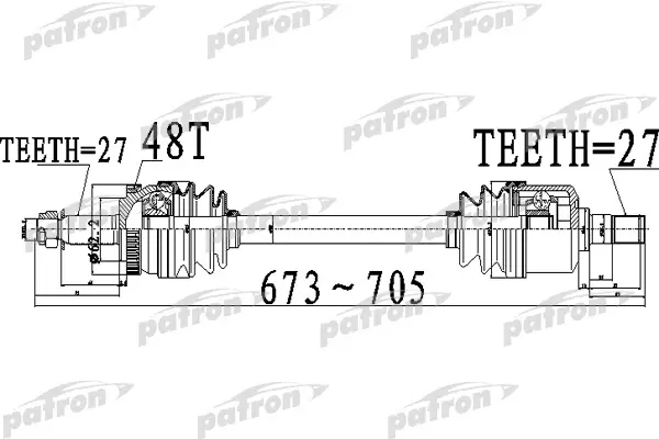 

Полуось передний мост слева 27x673x62,2x27 ABS:48T HYUNDAI TUCSON 2.0 05- PATRON PDS0510