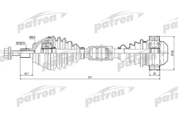 

Полуось передняя левая 36x514x108 VW CADDY III 1,9TDI 04-10 PATRON PDS0415