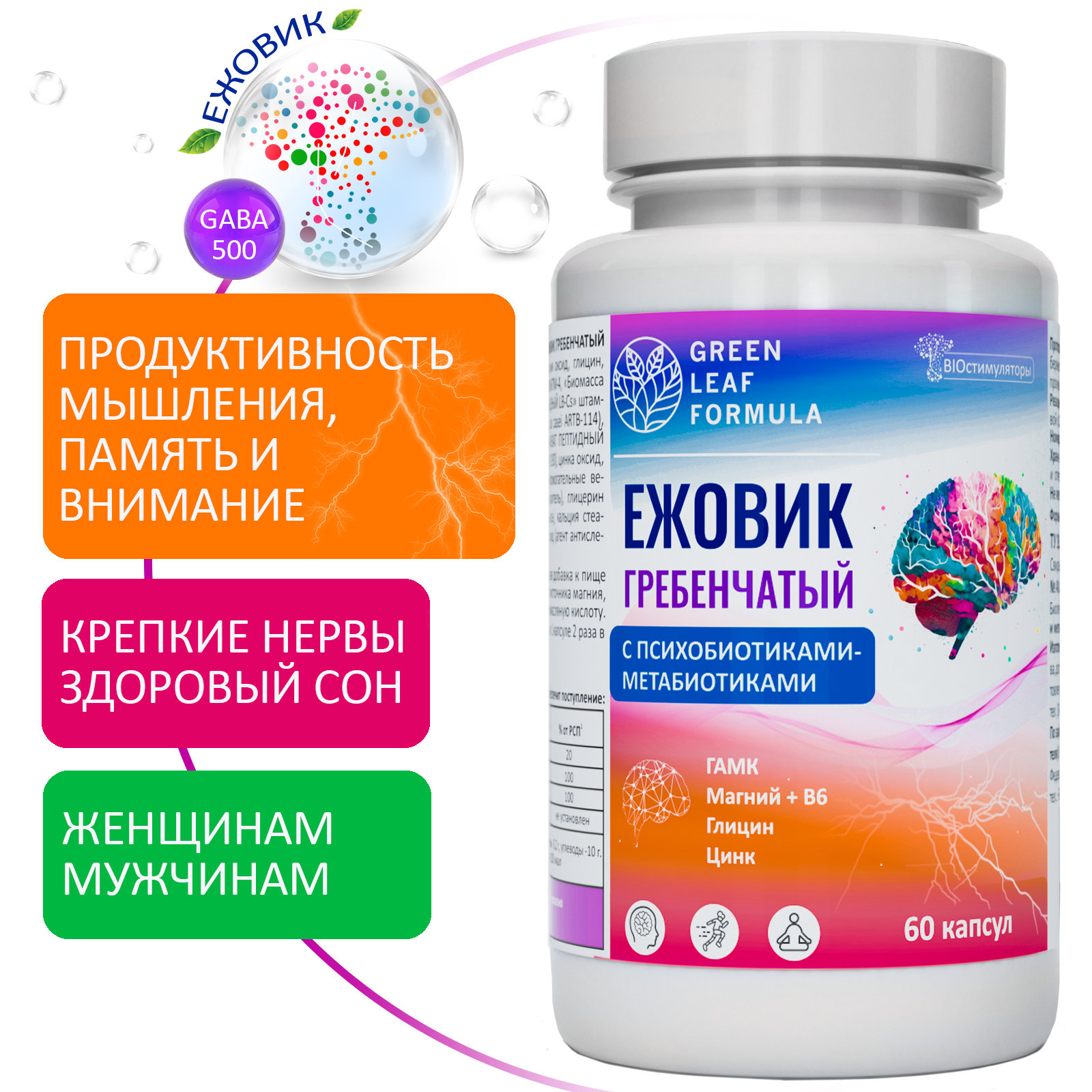 

Ежовик гребенчатый Green Leaf Formula GABA 500, 60 капсул